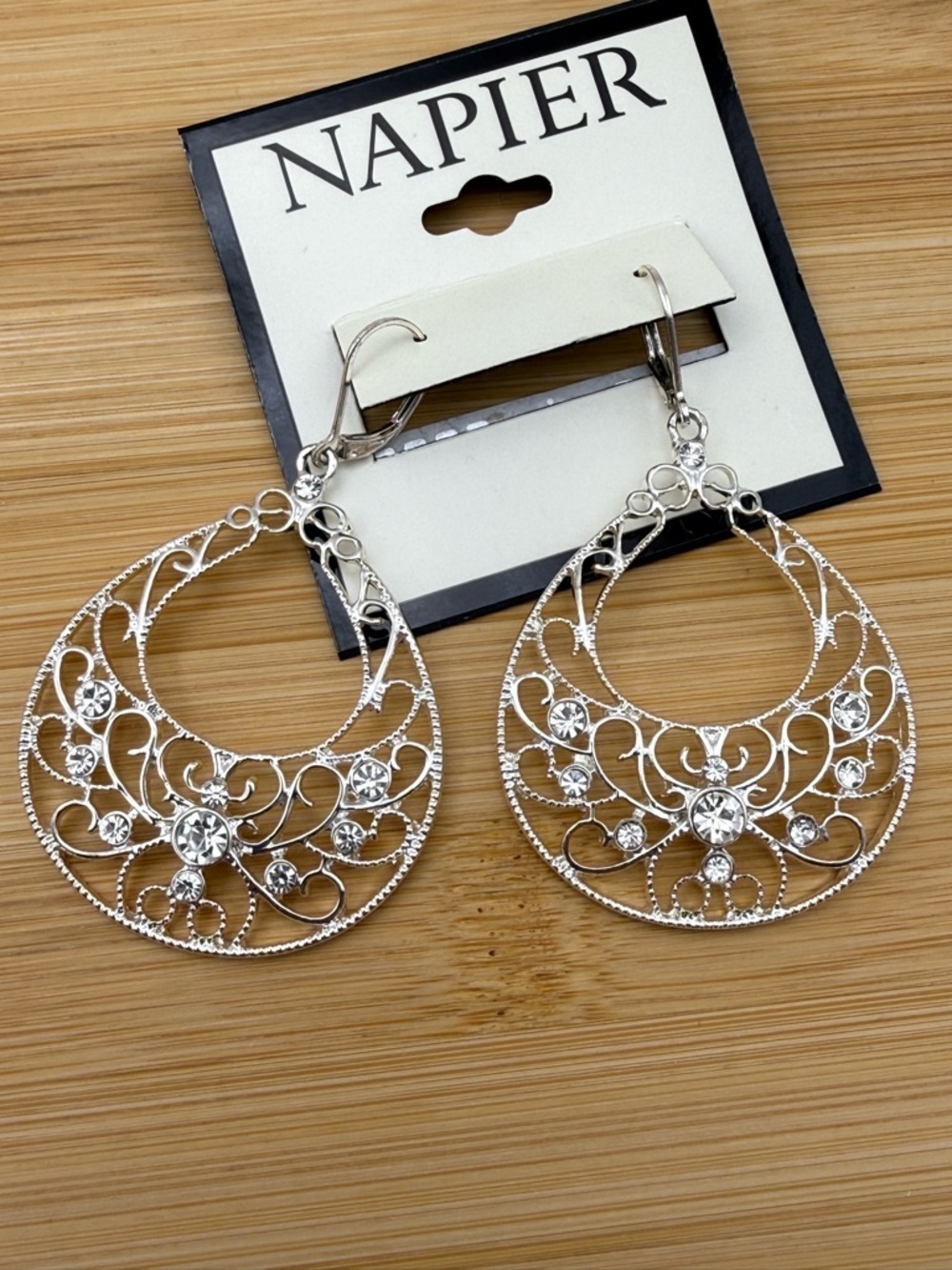 NWT Napier Silver Tone Filigree Teardrop Leverback Earrings